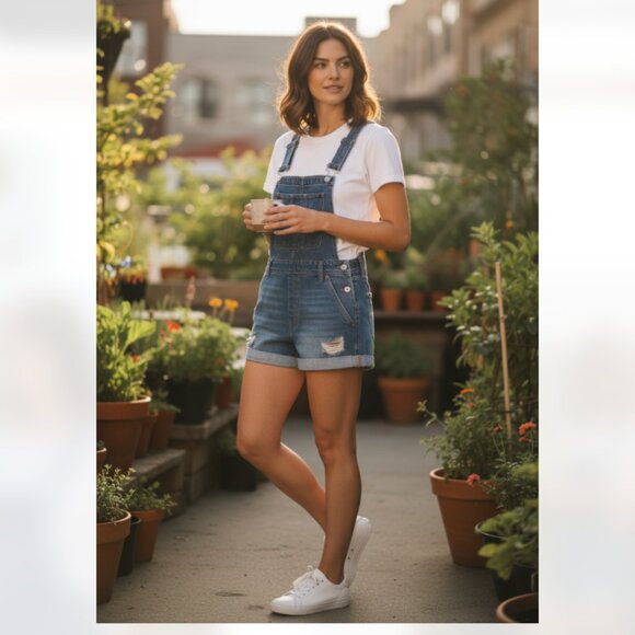 NWT H& M X Divided Denim Overall Shorts Romper Blue SZ-10 - Picture 1 of 8